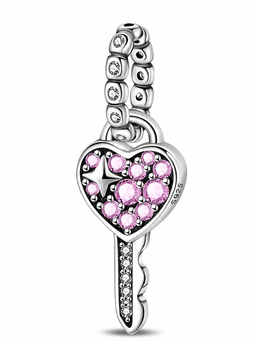 🩷 925 Pink Heart Key Dangle Charm | CZ Sterling Silver Bracelet Charm